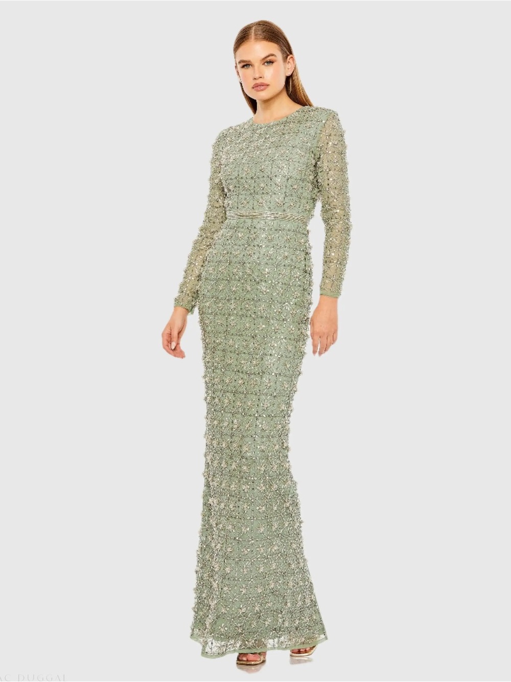 Mac Duggal 93827 Jade Long Sleeve High Neck Beaded Gown sz 12